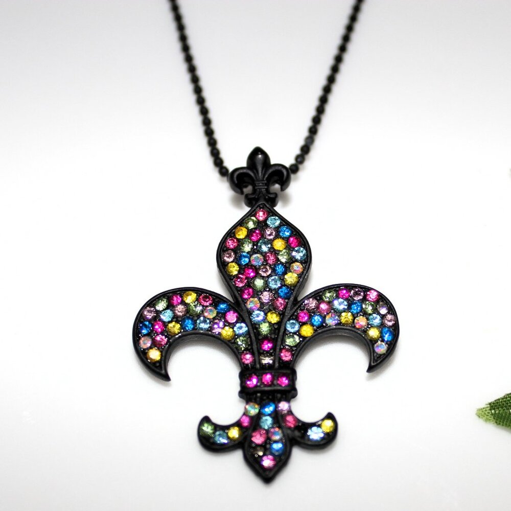 Black Fleur-de-Lis Rhinestone Pendant Necklace Mardi Gras New Orleans Carnival